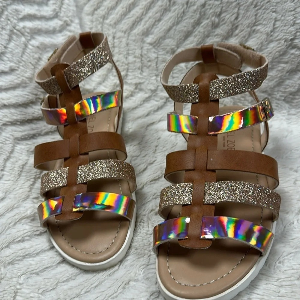 Rachel Zoe Girls Tan Shiny & Glittery Sandals VELCRO STRAPS,  Girls' 4 EUC!
